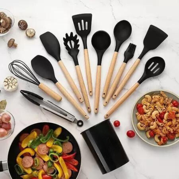 Kit de Utensílios de Cozinha com 12 Peças em Silicone Antiaderente (Preto): Conjunto Completo e Durável para Facilitar suas Receitas Diárias