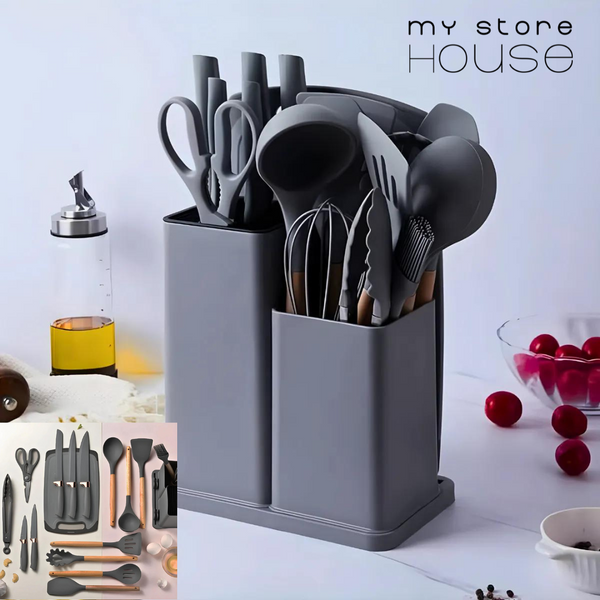 Kit de Utensílios de Cozinha Jogo Completo com 19 Peças: Solução Versátil e Funcional para Todas as Suas Necessidades Culinárias Cinza